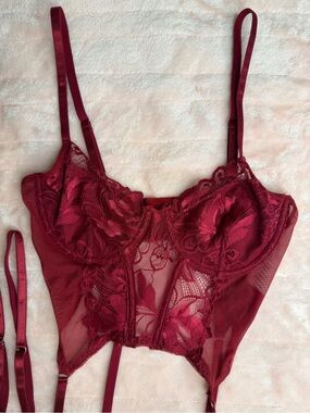 Sheer Lace Longline Bralette with Garter Straps - Burgundy